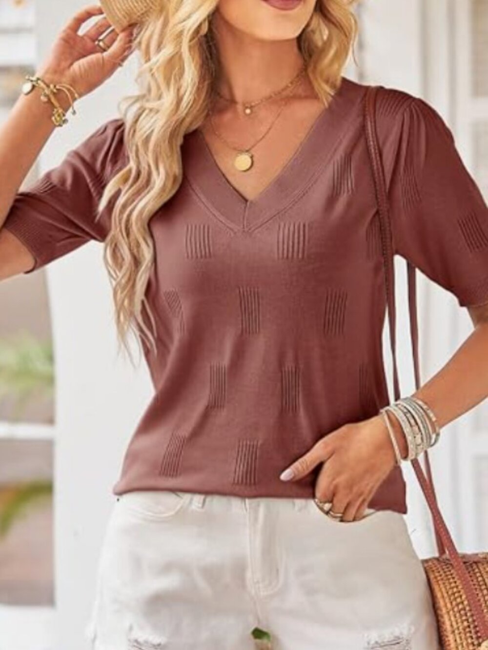 Women's V-neck Short Sleeve Blouse - Picture 4 of 5